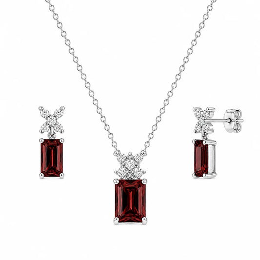 925 Silver Rhodium Plated Clear Round & Birthstone Rectangle CZ Stud Earring and Necklace Set