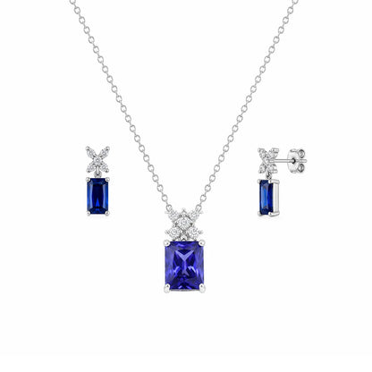 925 Silver Rhodium Plated Clear Round & Birthstone Rectangle CZ Stud Earring and Necklace Set