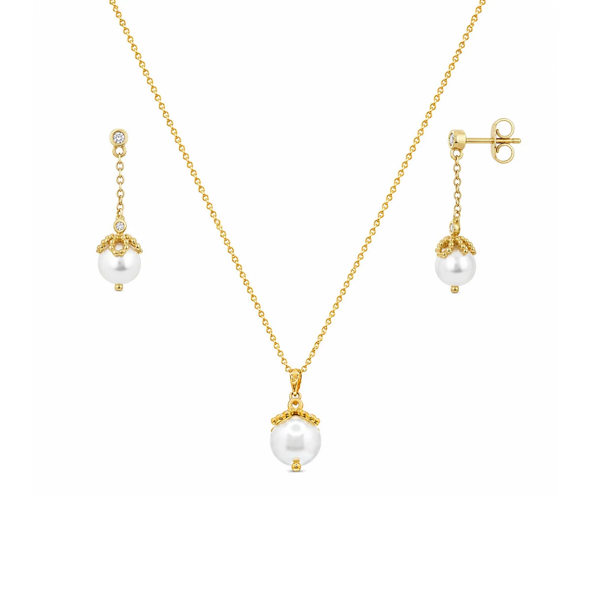 925 Silver Gold Plated CZ & Pearl Dangle Stud Earring and Necklace Set