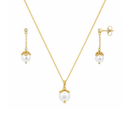 925 Silver Gold Plated CZ & Pearl Dangle Stud Earring and Necklace Set