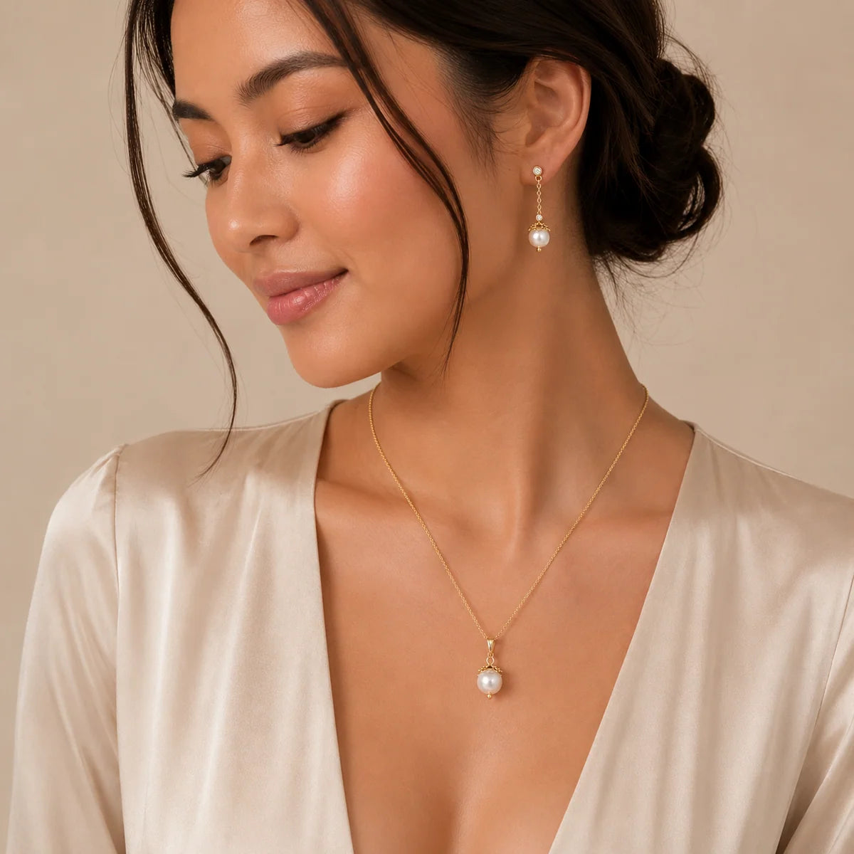 925 Silver Gold Plated CZ & Pearl Dangle Stud Earring and Necklace Set