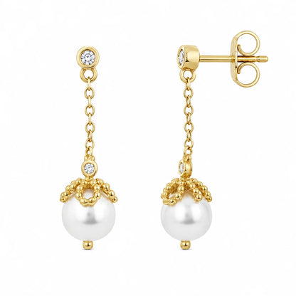 925 Silver Gold Plated CZ & Pearl Dangle Stud Earring and Necklace Set