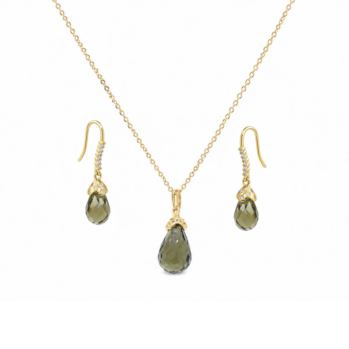 925 Silver Clearance-Gold Plated Green Teardrop CZ Dangle Earring and Necklace Set