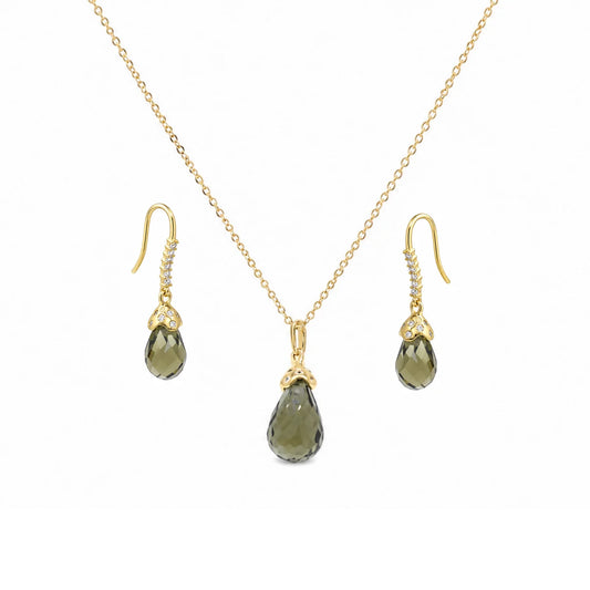 925 Silver Clearance-Gold Plated Green Teardrop CZ Dangle Earring and Necklace Set