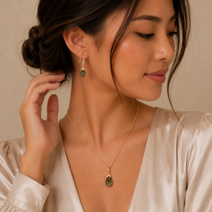 925 Silver Clearance-Gold Plated Green Teardrop CZ Dangle Earring and Necklace Set