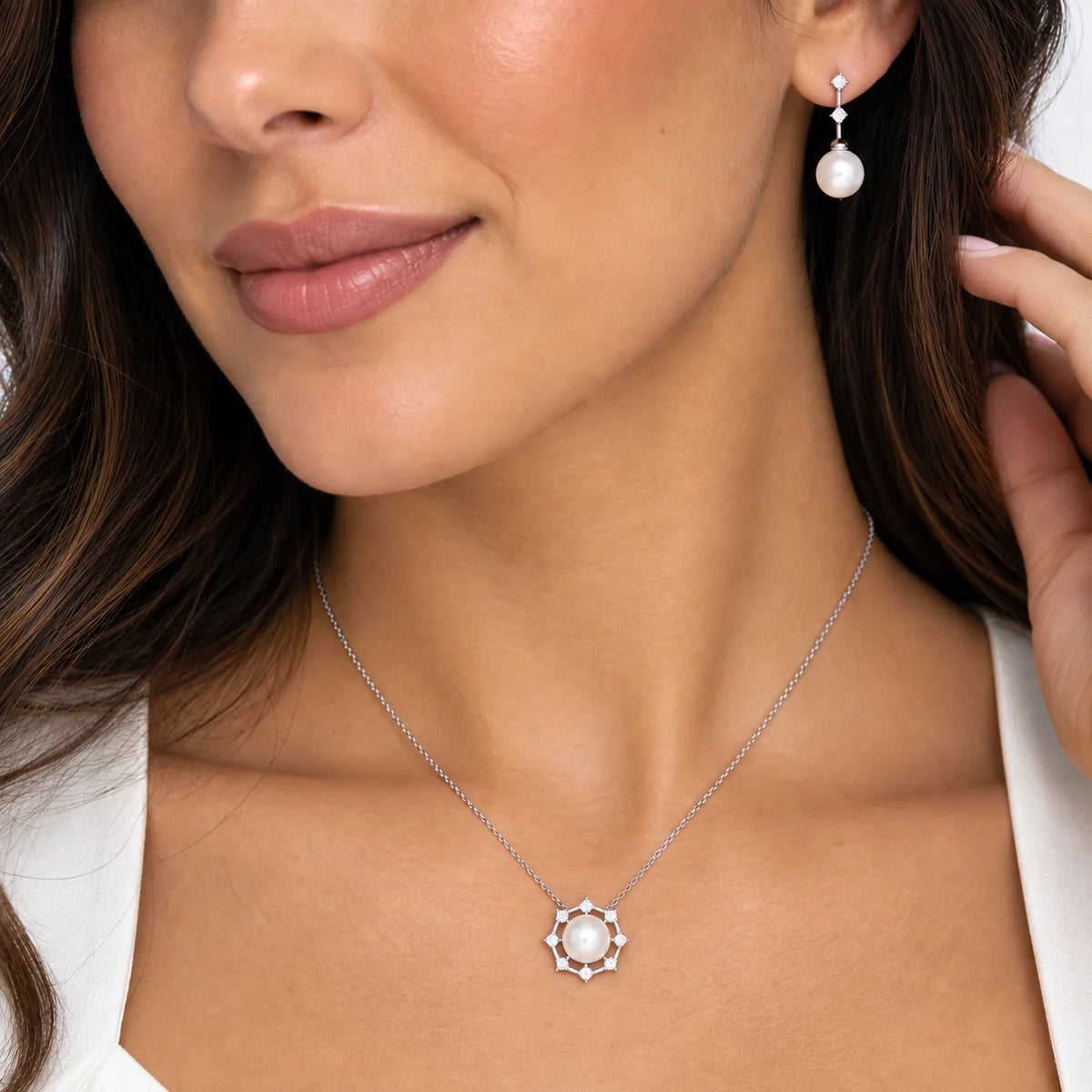 925 Sterling Silver Final Price- Rhodium Plated Pearl Drop & Clear CZ Hanging Stud Earring and Necklace Set