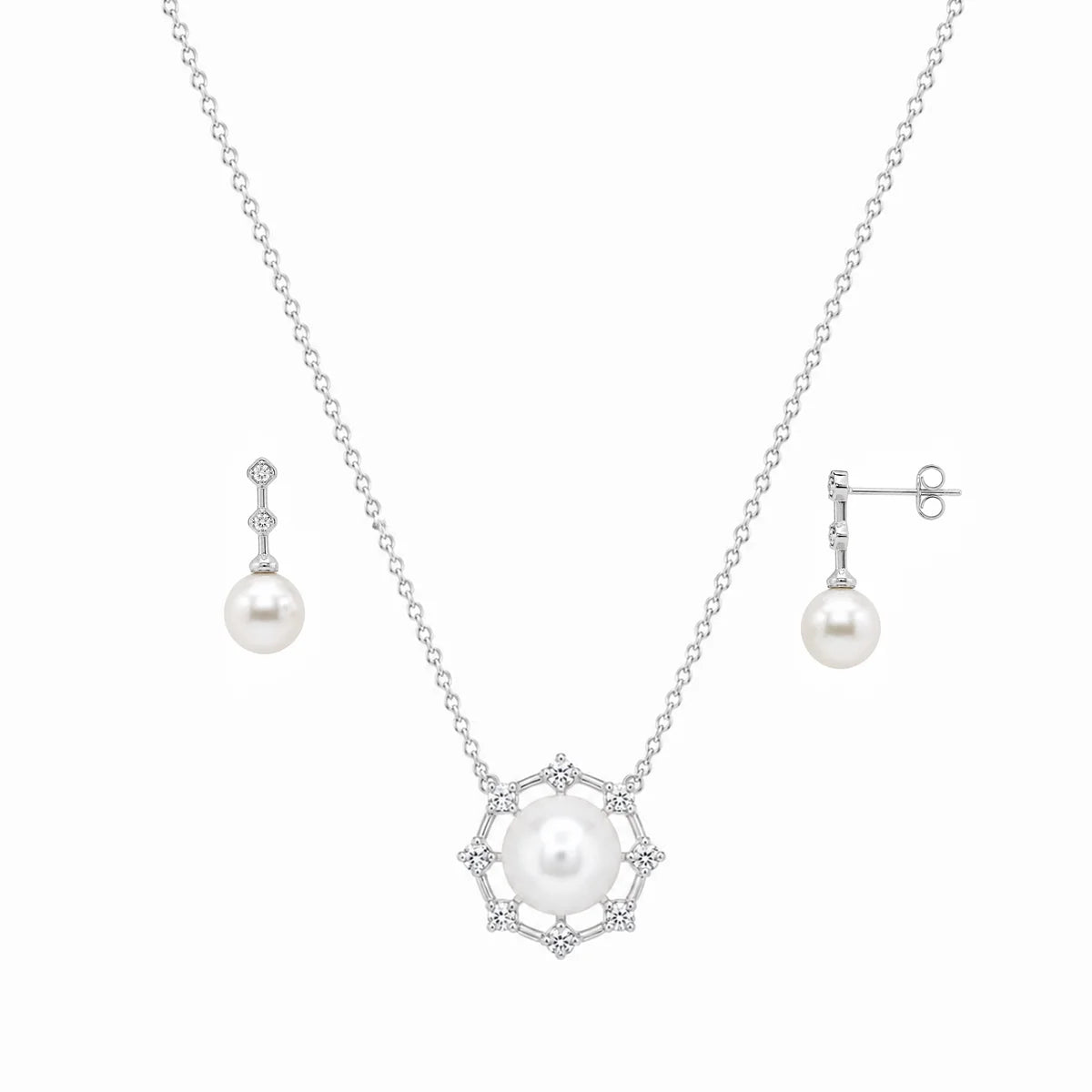 925 Sterling Silver Final Price- Rhodium Plated Pearl Drop & Clear CZ Hanging Stud Earring and Necklace Set