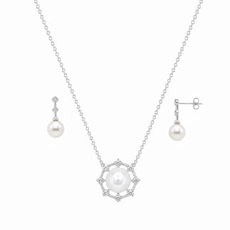 925 Sterling Silver Final Price- Rhodium Plated Pearl Drop & Clear CZ Hanging Stud Earring and Necklace Set
