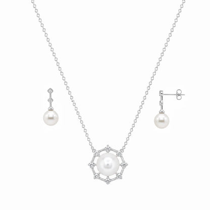 925 Sterling Silver Final Price- Rhodium Plated Pearl Drop & Clear CZ Hanging Stud Earring and Necklace Set