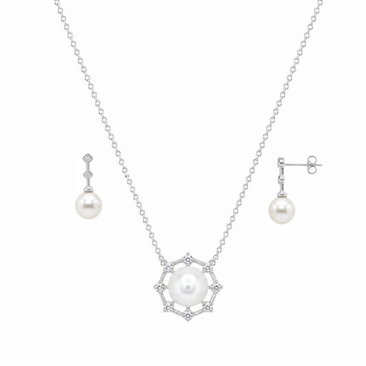 925 Sterling Silver Final Price- Rhodium Plated Pearl Drop & Clear CZ Hanging Stud Earring and Necklace Set