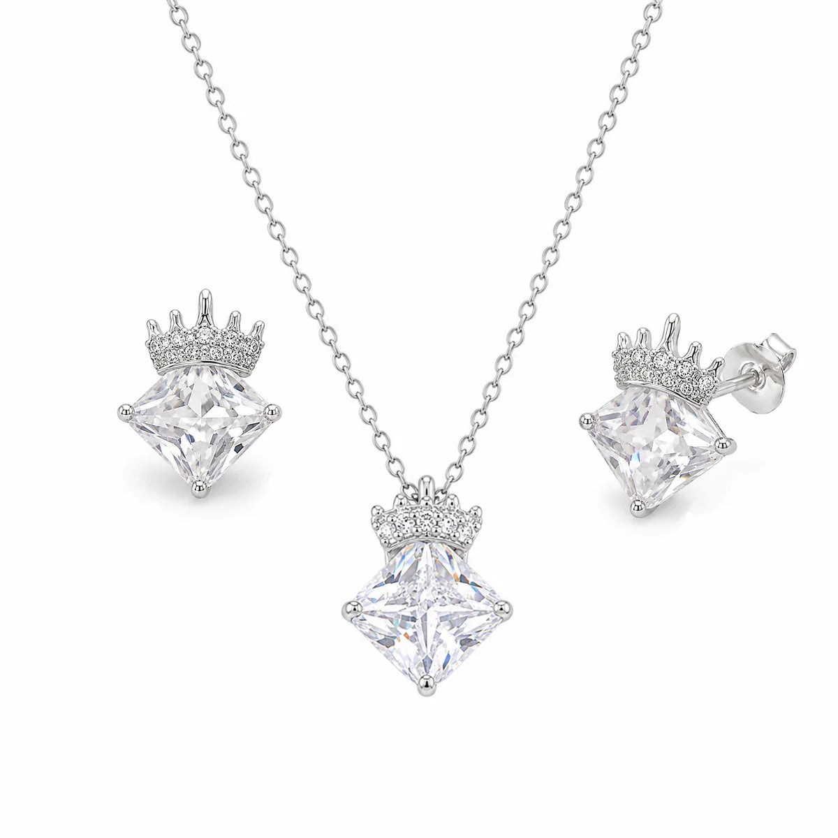 925 Sterling Silver Rhodium Plated Crowned CZ Stone Pendant Necklace and Earrings Set