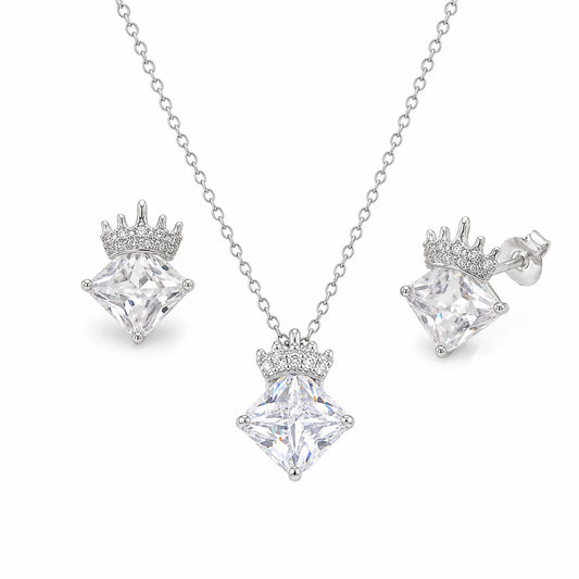 925 Sterling Silver Rhodium Plated Crowned CZ Stone Pendant Necklace and Earrings Set