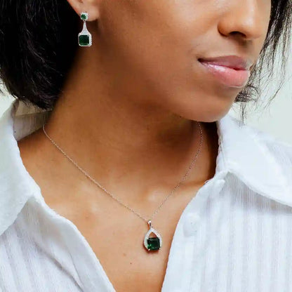 925 Sterling Silver Rhodium Plated Teardrop Pendant Square Earring Green CZ Set