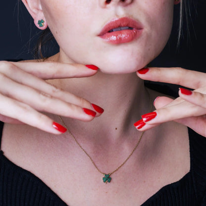 925 Sterling Silver Clearance-Gold Plated Mini Green Clover Set with CZ
