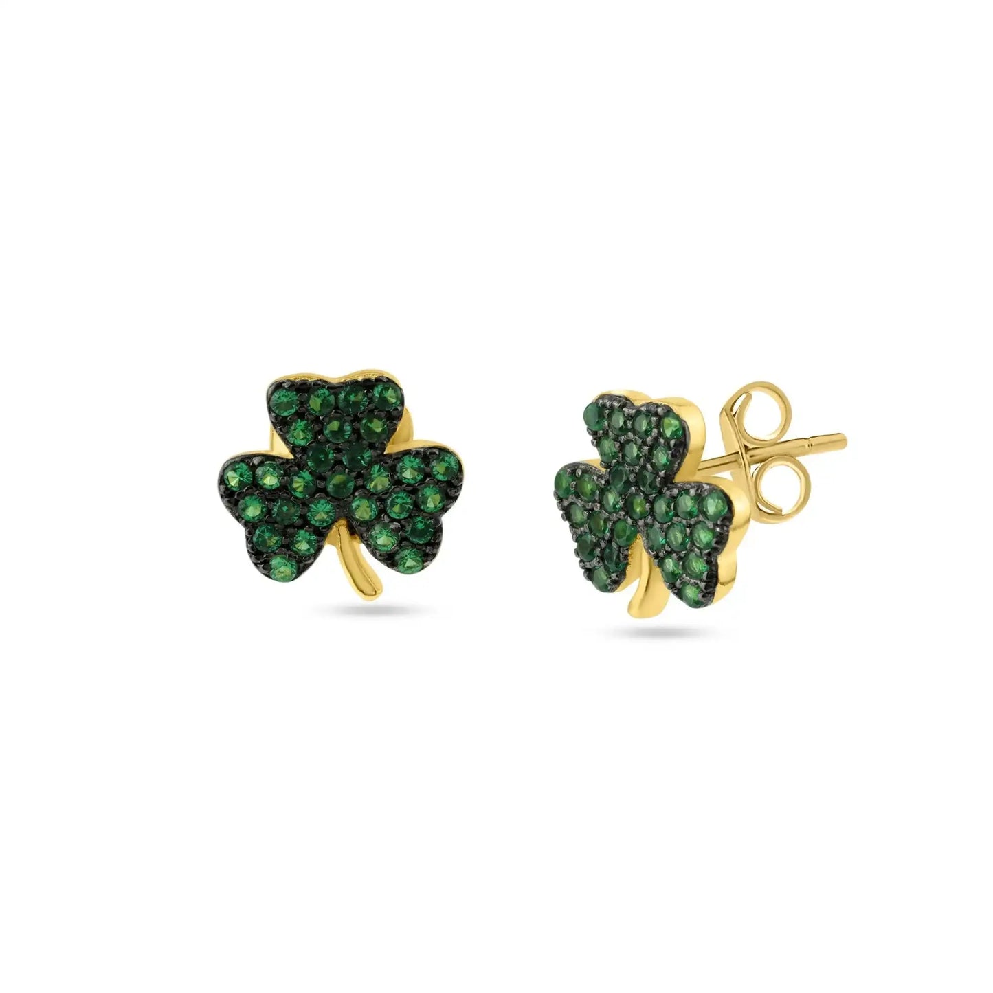 925 Sterling Silver Clearance-Gold Plated Mini Green Clover Set with CZ
