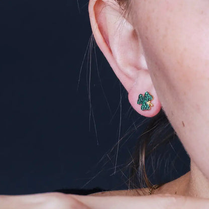 925 Sterling Silver Clearance-Gold Plated Mini Green Clover Set with CZ
