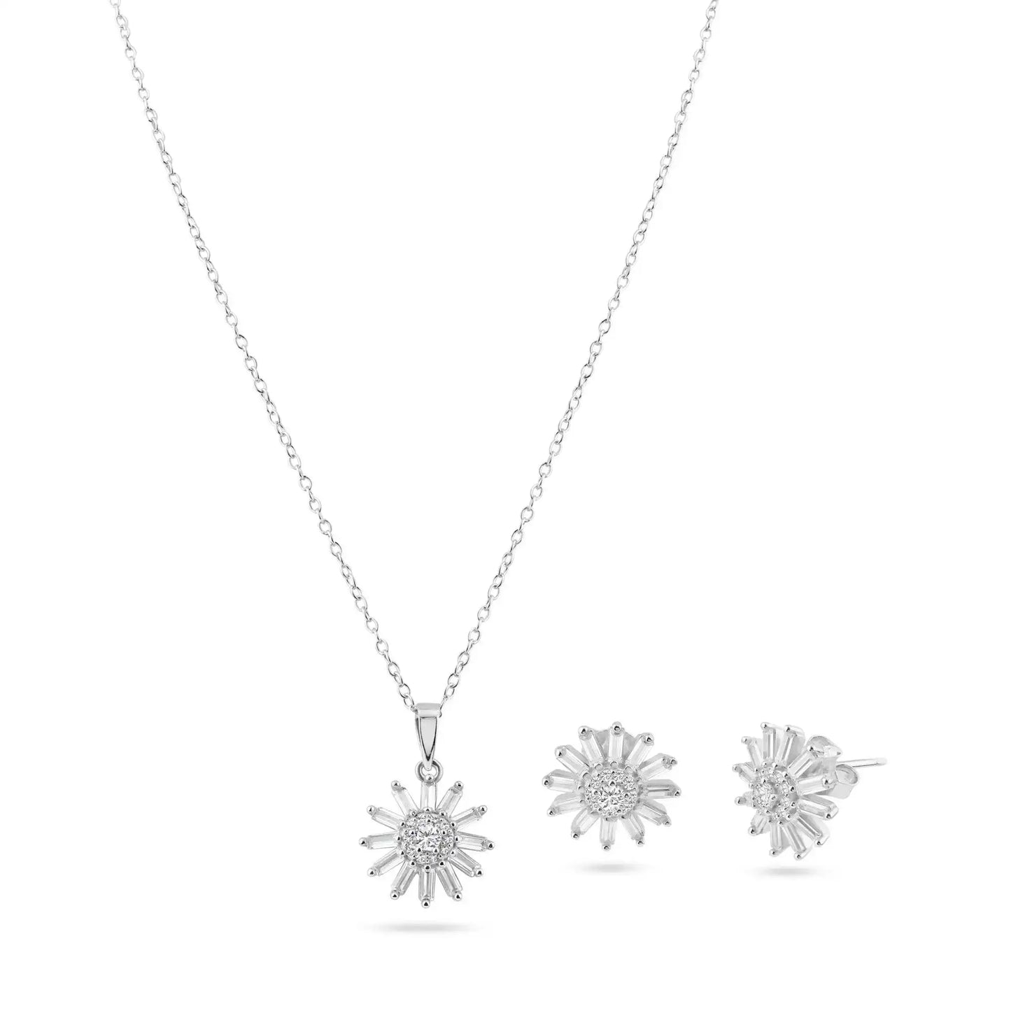 925 Sterling Silver Rhodium Plated Clear Sunflower CZ Sets
