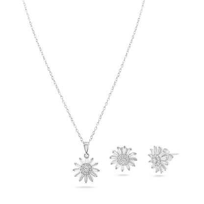 925 Sterling Silver Rhodium Plated Clear Sunflower CZ Sets
