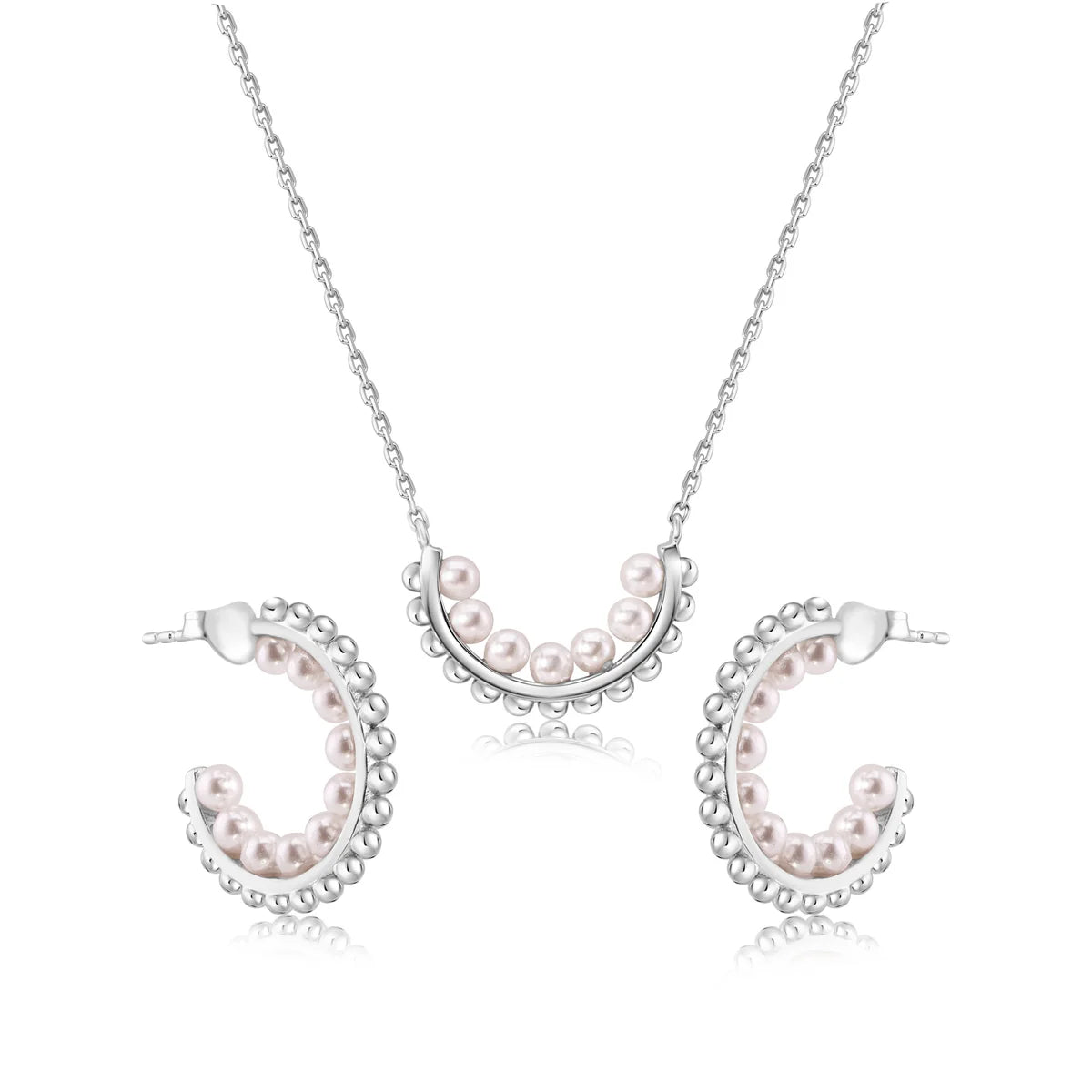 925 Sterling Silver Rhodium Plated Multi Beaded Pearl Semi Hoop Matching Set