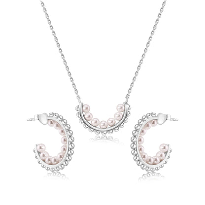 925 Sterling Silver Rhodium Plated Multi Beaded Pearl Semi Hoop Matching Set