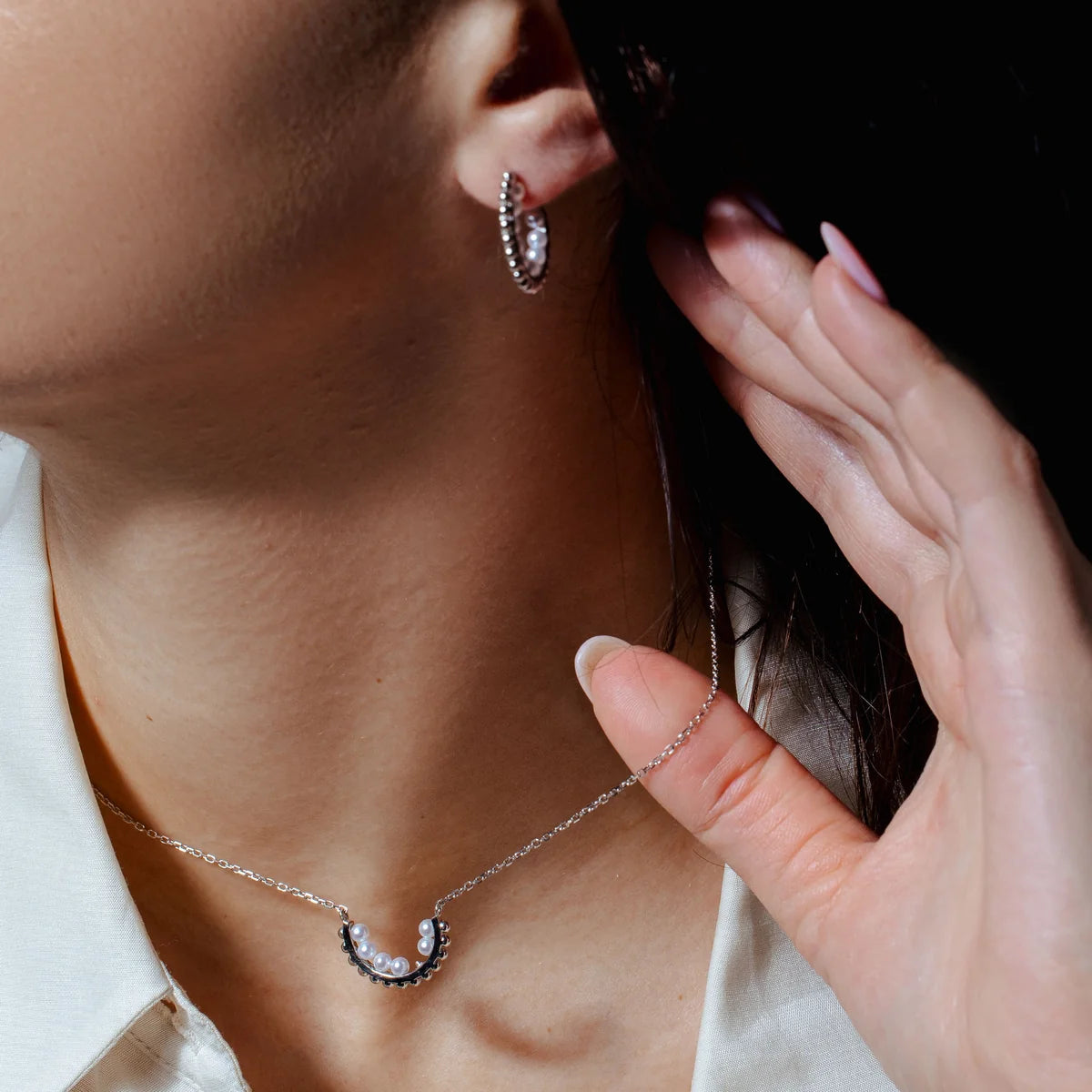 925 Sterling Silver Rhodium Plated Multi Beaded Pearl Semi Hoop Matching Set