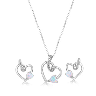 925 Sterling Silver Rhodium Plated Intertwined Hearts Synthetic Opal and Clear CZ Earring and Pendant Set