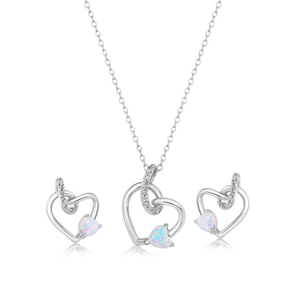 925 Sterling Silver Rhodium Plated Intertwined Hearts Synthetic Opal and Clear CZ Earring and Pendant Set