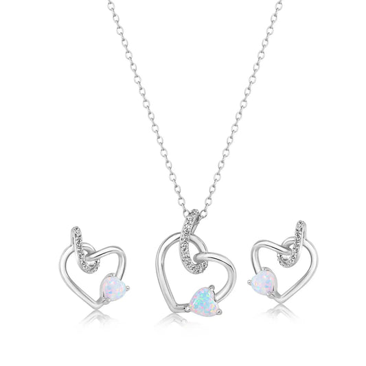 925 Sterling Silver Rhodium Plated Intertwined Hearts Synthetic Opal and Clear CZ Earring and Pendant Set
