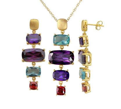 925 Sterling Silver Gold Plated Dangling Multi Color Baguette Cut CZ Necklace and Stud Earring