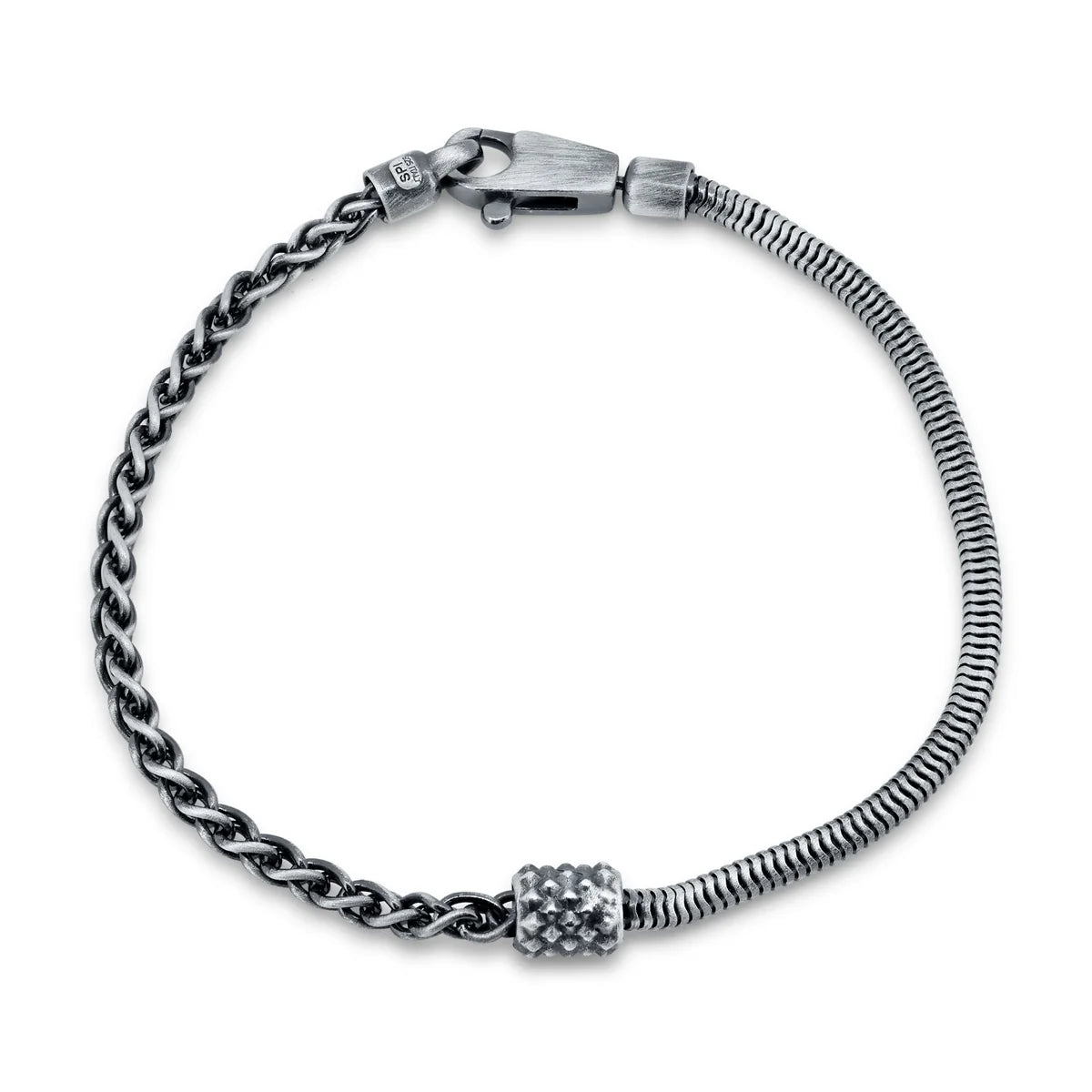 925 Sterling Gun Metal Plated Half Round Snake and Half Wheat Link Bracelet