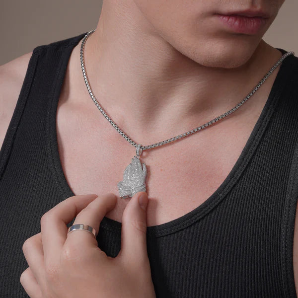 925 Sterling Silver Rhodium Plated Praying Hands Hip Hop Pendant