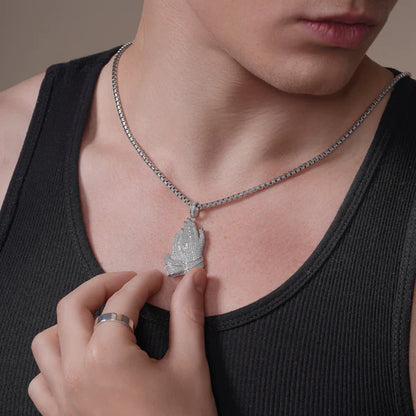 925 Sterling Silver Rhodium Plated Praying Hands Hip Hop Pendant