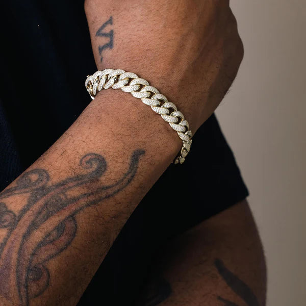 925 Sterling Silver Gold Plated CZ Encrusted Curb Chain or Bracelet 11.7mm