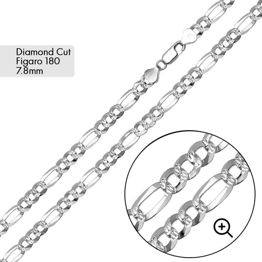 925 sterling silver Diamond Cut Figaro 180 Bracelet and Chain 7.8mm