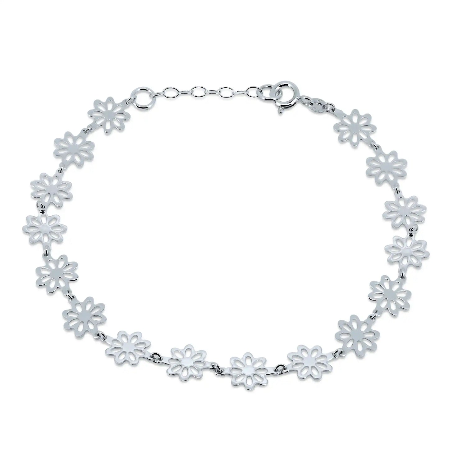 925 Sterling Silver High Polished Outline Flower Link Anklets