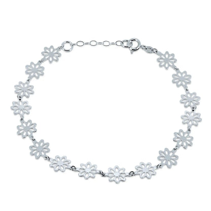 925 Sterling Silver High Polished Outline Flower Link Anklets