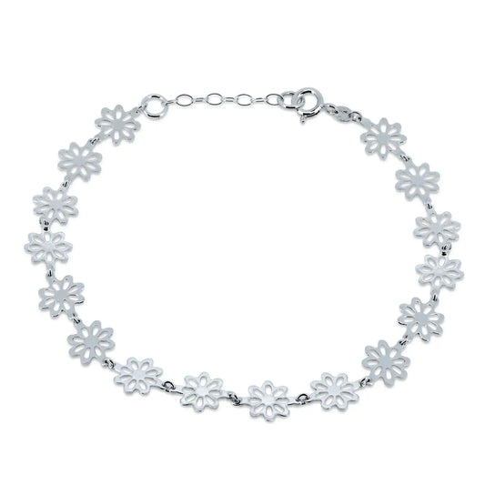 925 Sterling Silver High Polished Outline Flower Link Anklets