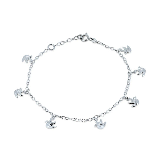 925 Sterling Silver High Polished Outline Dove Charm Link Anklets