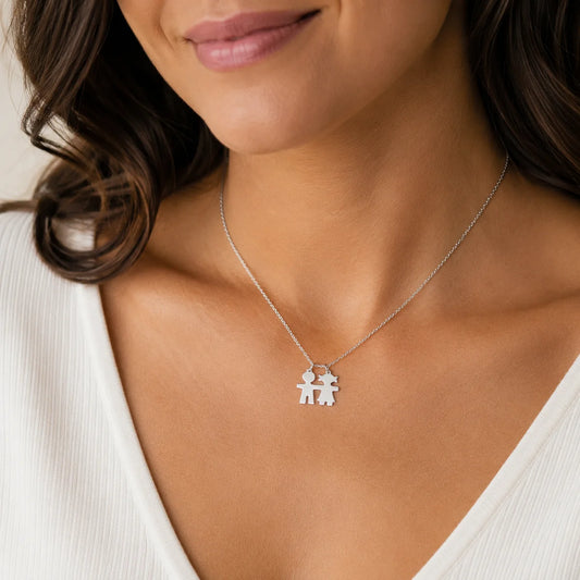 925 Sterling Silver Rhodium Plated Boy & Girl Engraveable Family Pendant Necklace