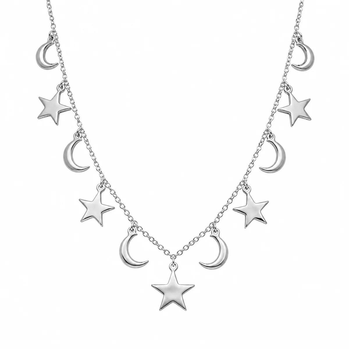 925 Sterling Silver Rhodium Plated Dangling Star and Moon Chain Necklace