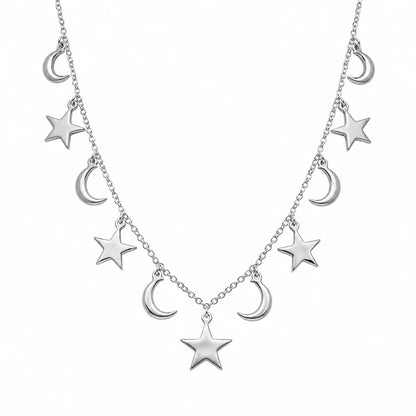 925 Sterling Silver Rhodium Plated Dangling Star and Moon Chain Necklace