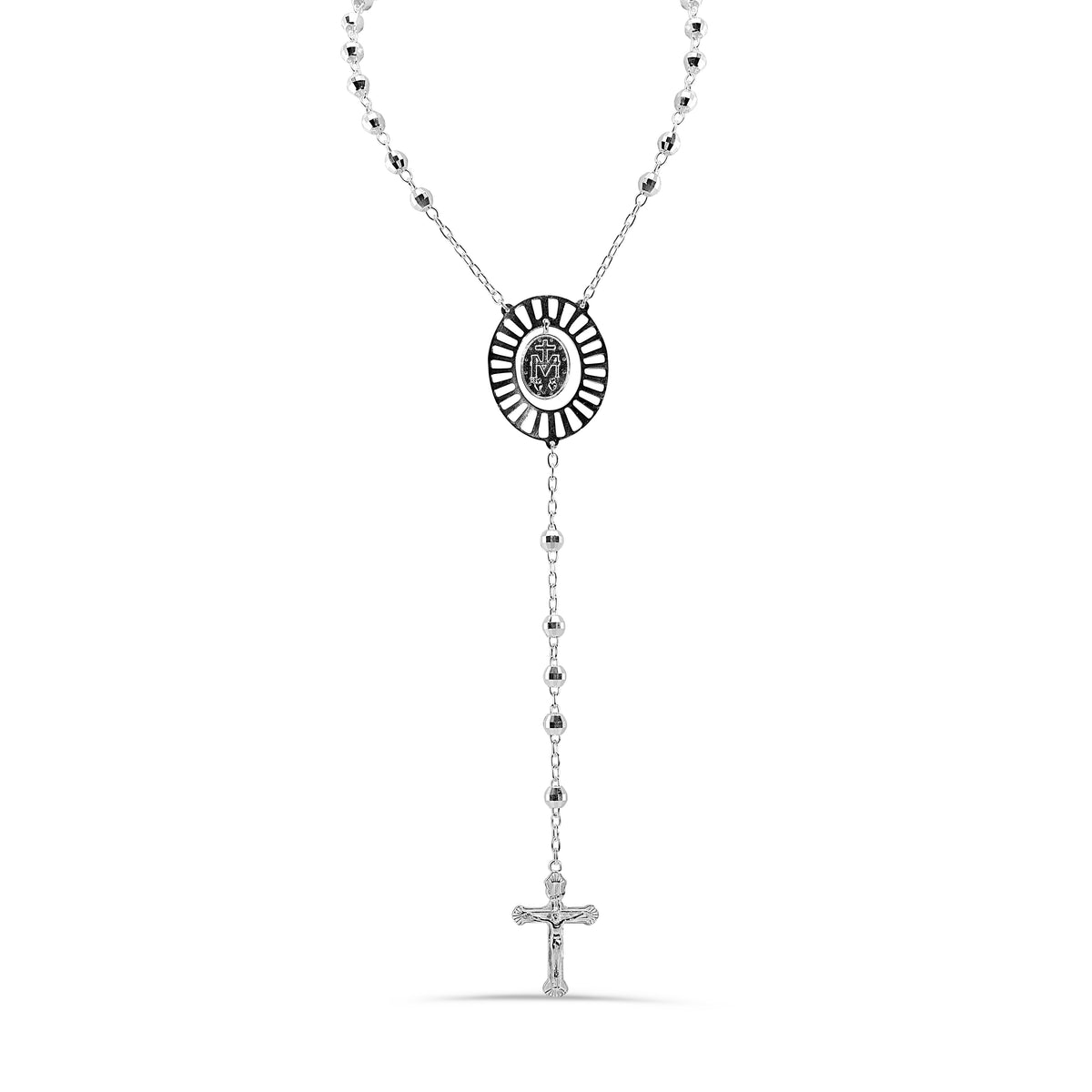 925 Sterling Silver High Polished Diamond Cut Beads Virgin Mary Cross Rosary Necklace