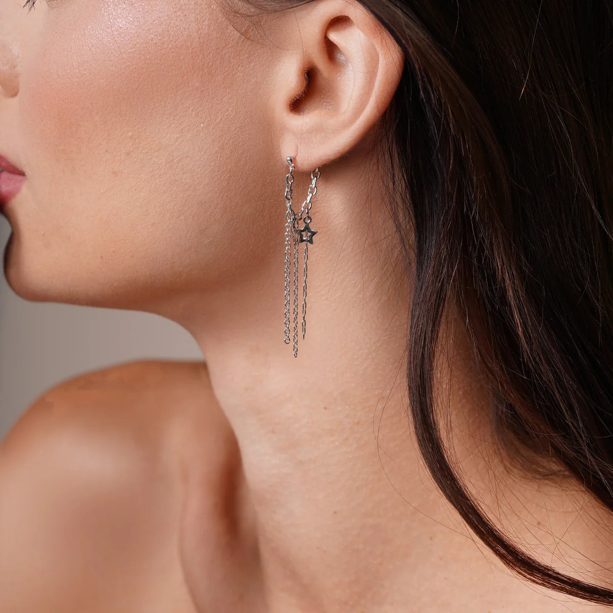 925 Silver Rhodium Plated Multiple Wire Dangling Open Star Stud Earrings