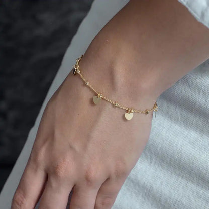 925 Sterling Silver Gold Plated Box Chain Multi Heart and Bead Lariat Bracelet