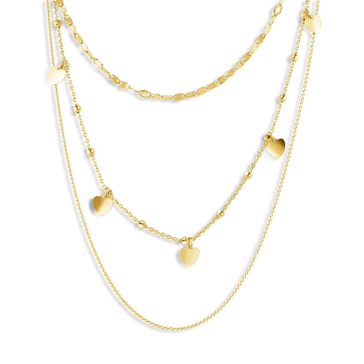 925 Sterling Silver Gold Plated Multi Chain Dangling Hearts Necklace