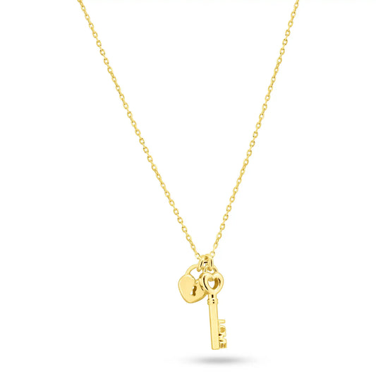 925 Sterling Silver Gold Plated Small Love Key and Heart Lock Necklace