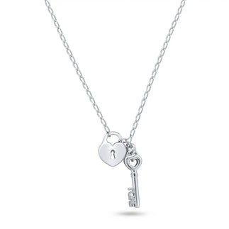 925 Sterling Silver Rhodium Plated Medium Love Key and Heart Lock Necklace