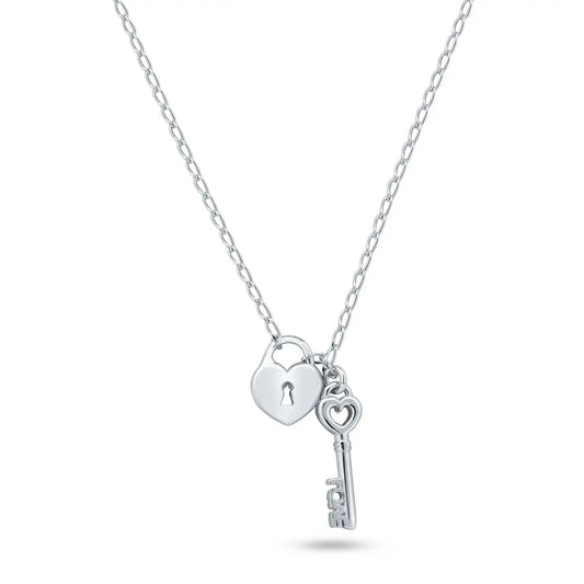 925 Sterling Silver Rhodium Plated Medium Love Key and Heart Lock Necklace