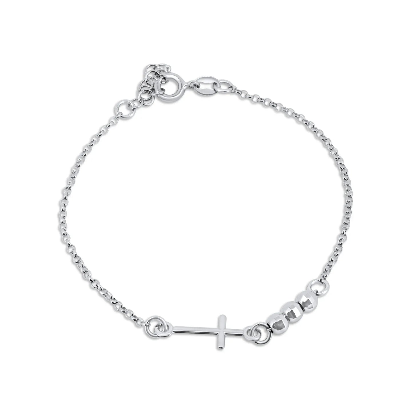 925 Sterling Silver Rhodium Plated 3 DC Bead Cross Bracelet