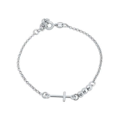 925 Sterling Silver Rhodium Plated 3 DC Bead Cross Bracelet